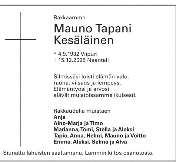 Mauno Kesäläinen kuolinilmoitus 20260125