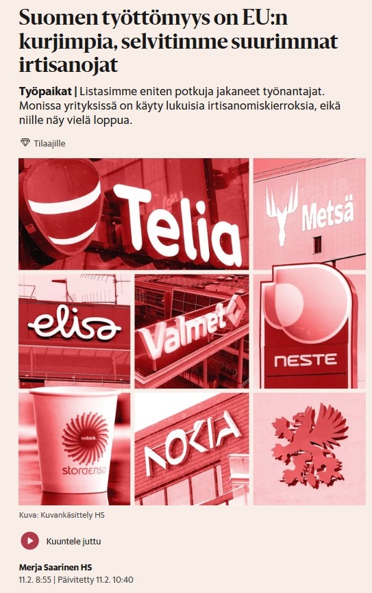 Suomen suurimmat irtisanojat HS 20260211