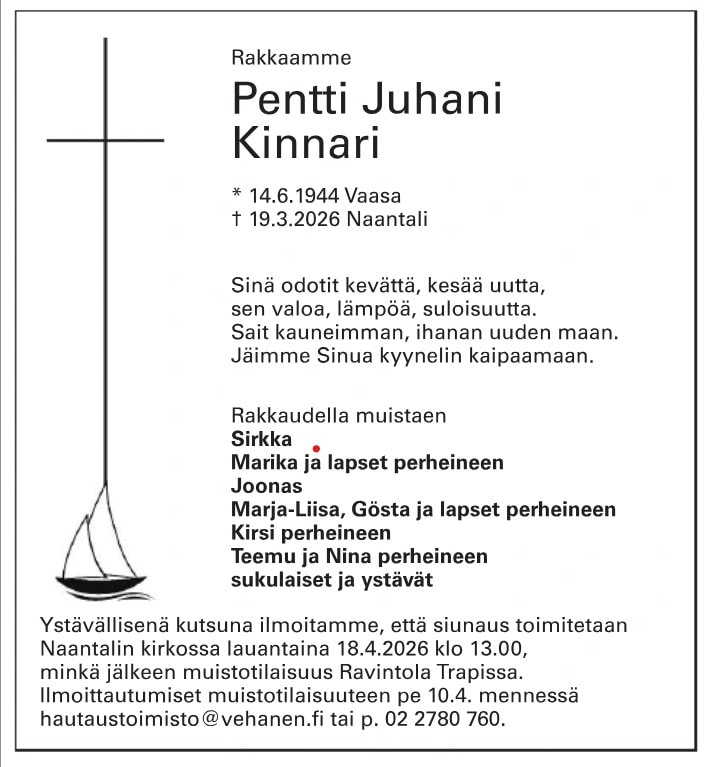 Kinnari Pentti kuolinilmoitus 20260404